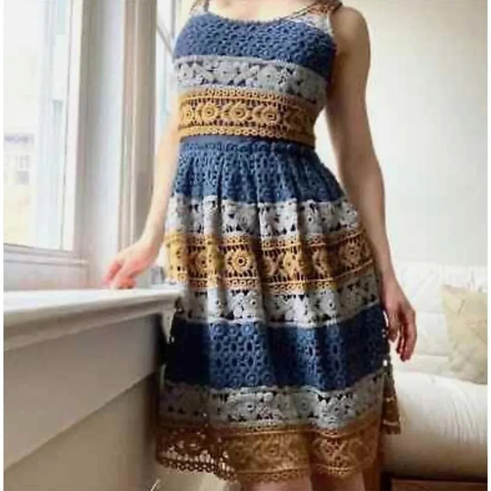 Maeve Blue, Gray & Gold Crochet Midi Dress